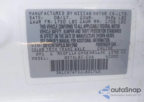 2018 Nissan Versa 1.6 Sv z USA, uszkodzony, nr VIN 3N1CN7AP3JL801760